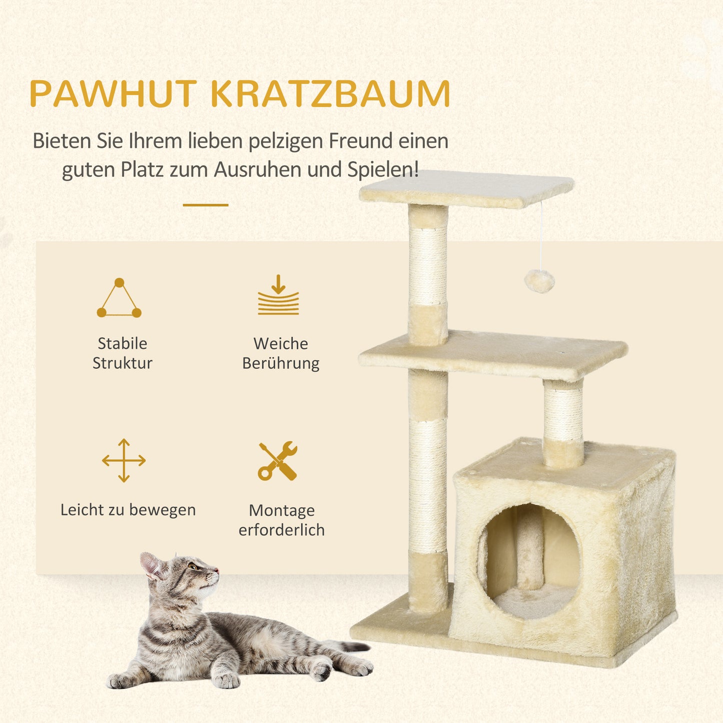 PawHut Kratzbaum mit Sisal Katzenbaum Kletterbaum Katzenmöbel Kratzbrett mit weichem Plüsch Katzenspielzeug stabil E1-Klasse Spanplatte Beige 50 x 30 x 81,5 cm