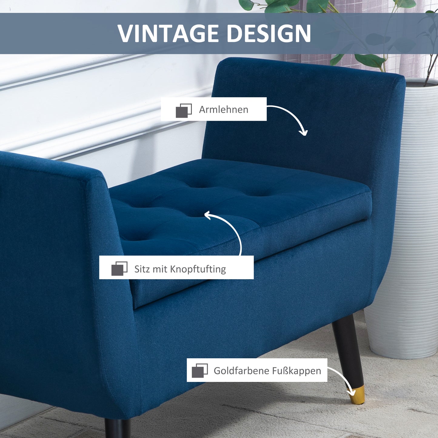 HOMCOM Sitzbank mit Stauraum Armlehnen Polsterbank mit Samtoptik, Sitztruhe mit Holzbeine, Truhenbank für Wohnzimmer Schlafzimmer Flur 107 x 42 x 65 cm, Blau