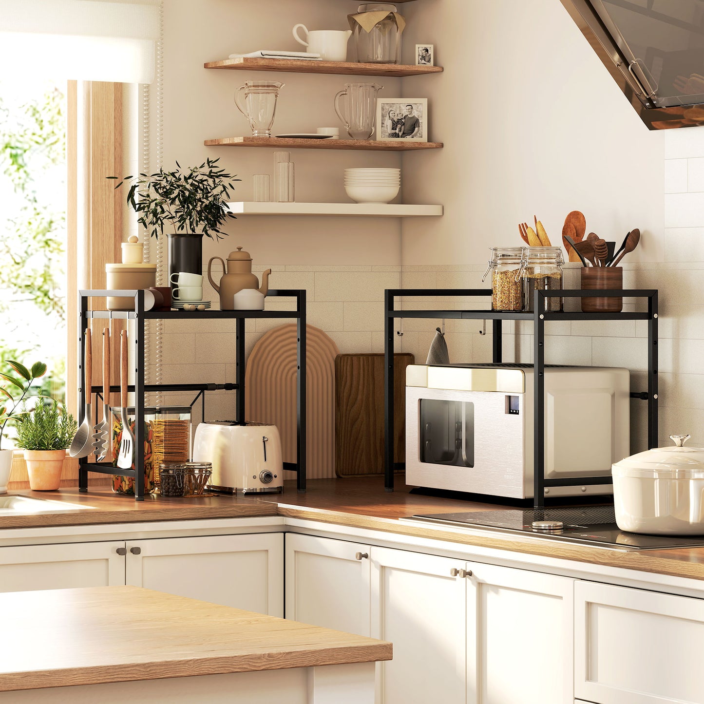 HOMCOM Mikrowellenregal, 3 Haken, ausziehbar, Metall, 40 cm hoch, Schwarz