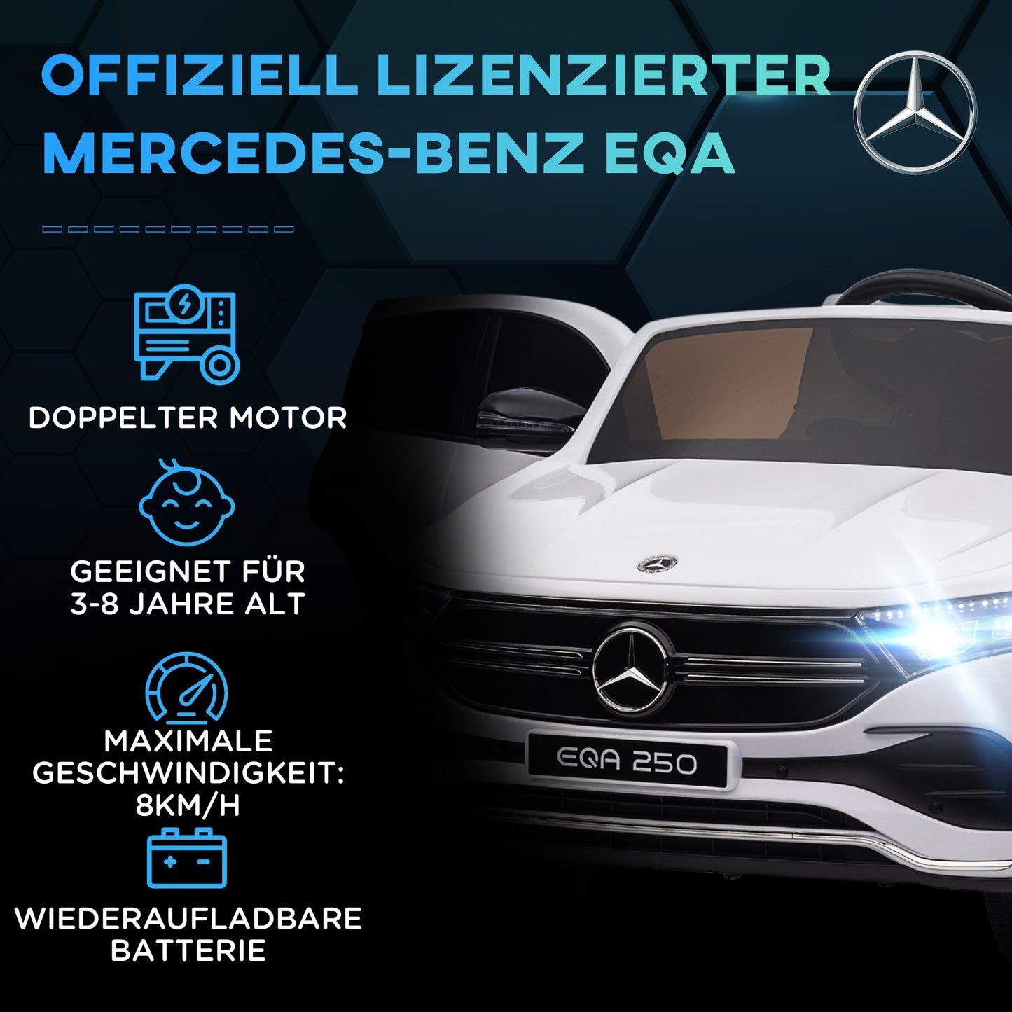 HOMCOM Elektro Kinderauto, lizenzierter Mercedes-Benz EQA, 3-8 km/h, Musik, Scheinwerfer, Hupe, Fernsteuerung, weiß