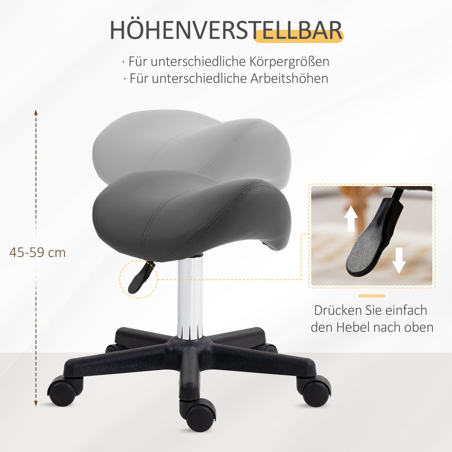 HOMCOM Rollhocker, sattelförmiger Sitz, höhenverstellbar, um 360° drehbar, Kunstleder, grau, 48 x 47 x 45-59 cm