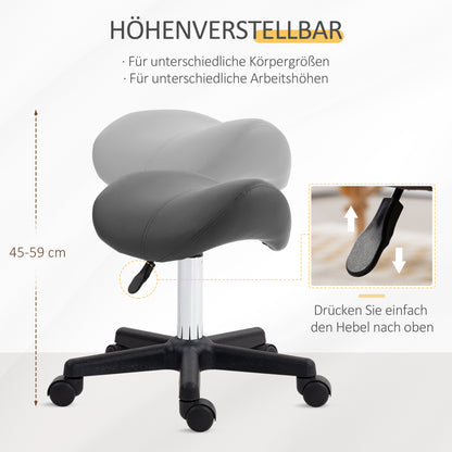 HOMCOM Rollhocker, sattelförmiger Sitz, höhenverstellbar, um 360° drehbar, Kunstleder, grau, 48 x 47 x 45-59 cm