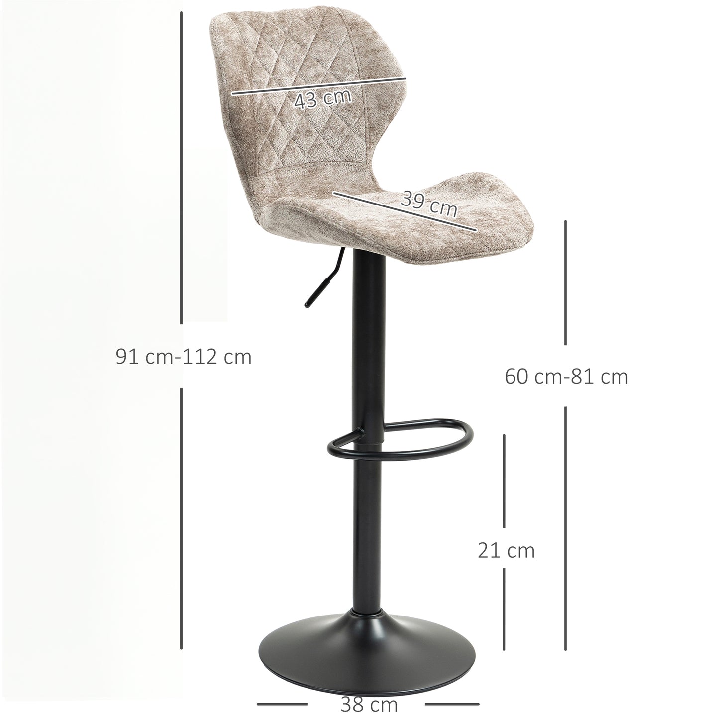 HOMCOM Barstühle im 2er-Set, Höhenverstellbare Küchenhocker mit Rückenlehne, Gaslift, Fußstütze, drehbar, Braun