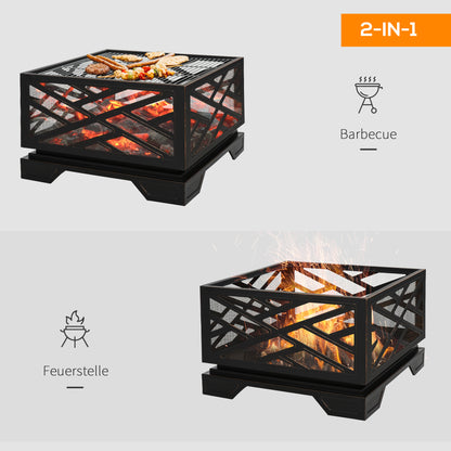 Outsunny Feuerschale mit Funkenschutz, Grillrost, Schürhaken, quadratisch, Stahlgehäuse, schwarz, 66 x 66 cm