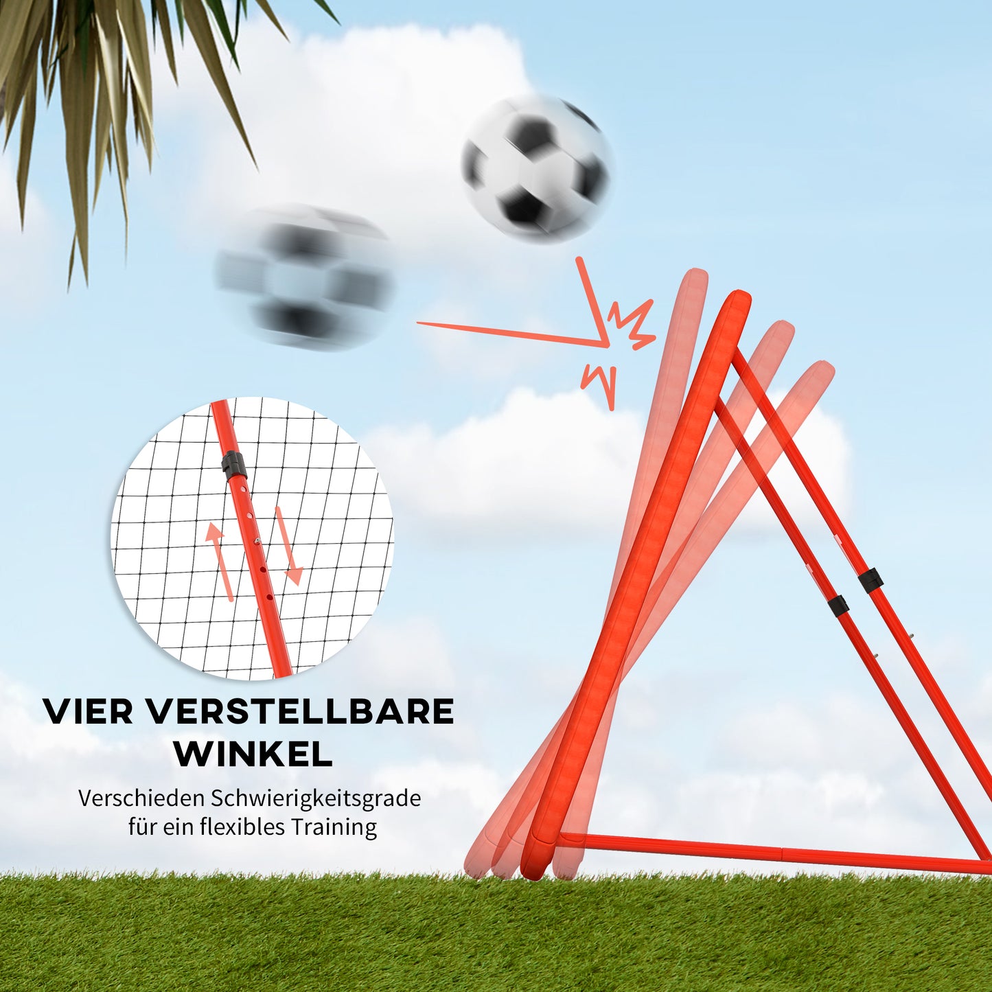 HOMCOM Fußball-Rückprallnetz, verstellbar, faltbar, Metallrahmen, Allwetter-PE-Netz, inkl. Heringe, Rot