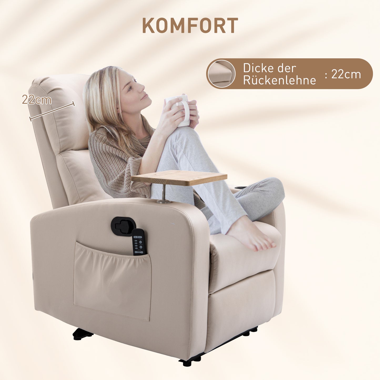 HOMCOM Massagesessel Relaxsessel Liegesessel, 1 Klapptisch, 1 Fußstütze; 77 cm x 93 cm x 105 cm, Beige