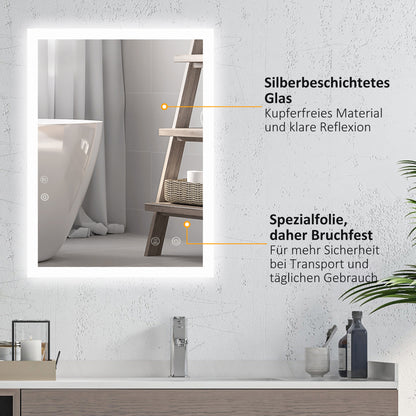 kleankin LED Badezimmerspiegel, Hintergrundbeleuchtung, Touch-Funktion, Memory-Funktion, kein Beschlagen, 80 x 60 cm