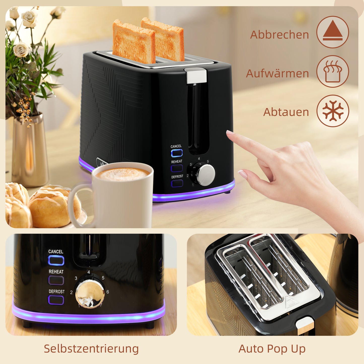 HOMCOM Wasserkocher- und Toaster-Set, 2200W, Otter-Thermostat, 2-Schlitz-Toaster, 7 Bräunungsstufen, Krümelfach, Schwarz