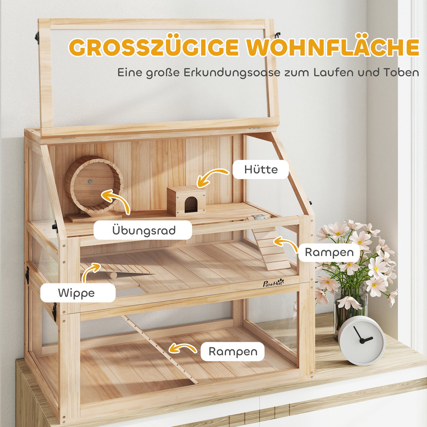 PawHut Hamsterkäfig aus Holz 3 Etagen Nagarium Nagerkäfig mit klappbarem Deckel Laufrad 80 x 50 x 76 cm Naturholz