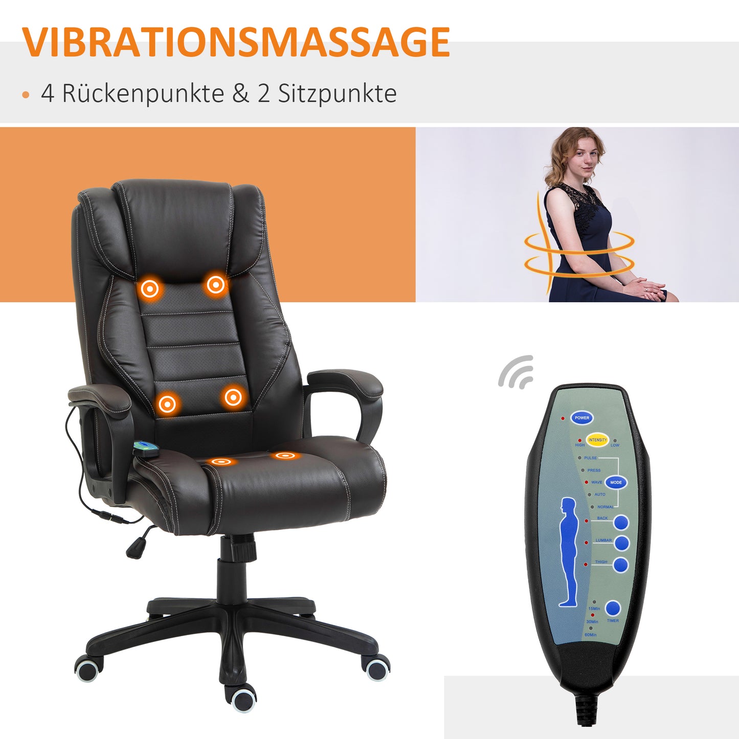 Vinsetto Bürostuhl med Massagefunktion, Höhenverstellbarer Chefsessel, ergonomisk Drehstuhl, 6 Vibrationspunkte, Braun