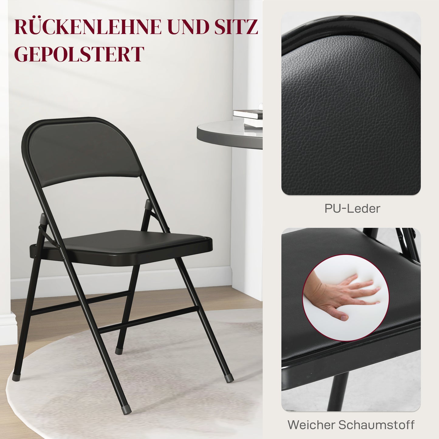 HOMCOM 2er-Set Klappstühle, Tragbare Bürostühle, Metallbeine, Faltstuhl für Büro, Empfang, Wartezimmer, Kunstleder, Schwarz