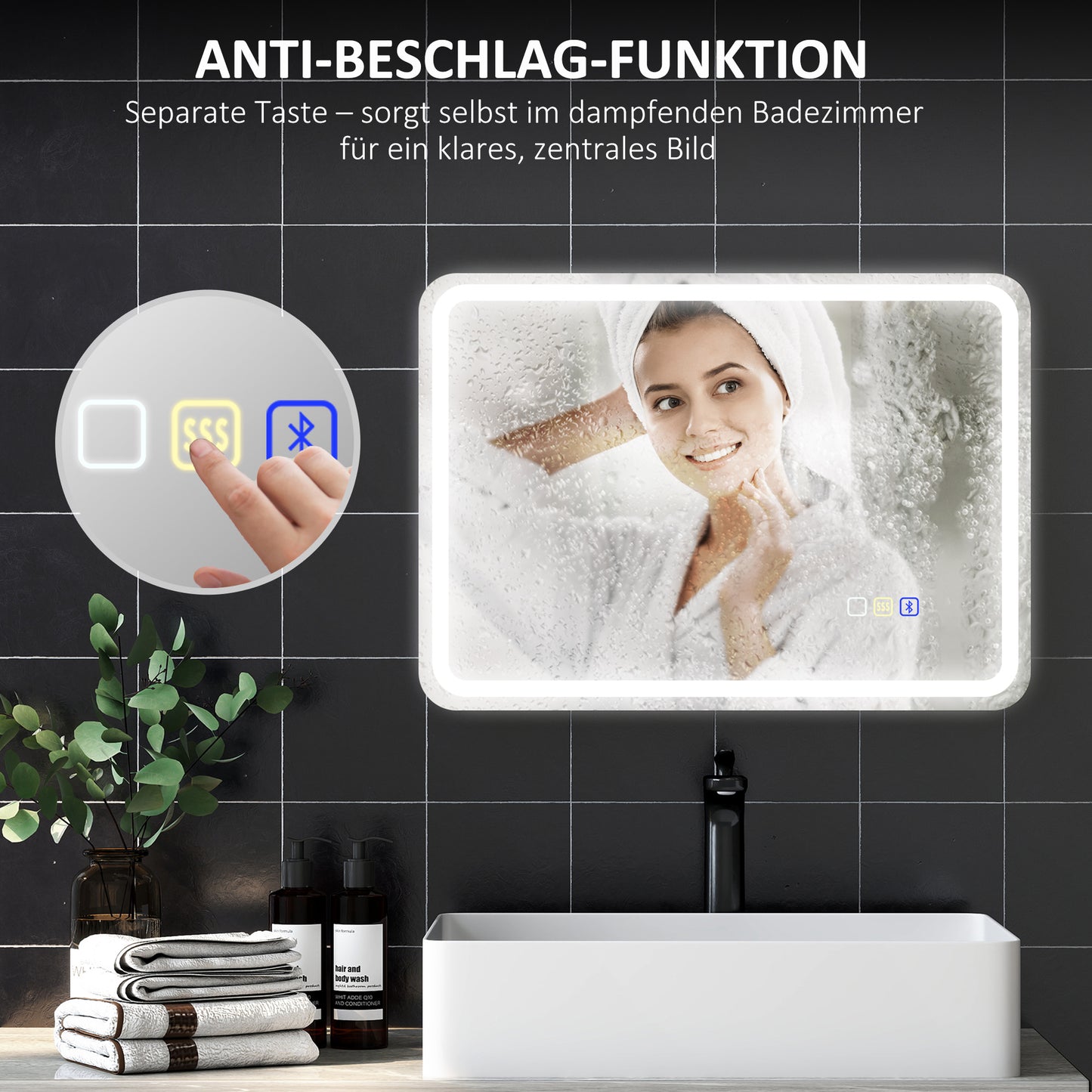 HOMCOM Badezimmerspiegel mit LED-Beleuchtung, Anti-Beschlags-Pad, 3 verstellbare Farben, Silberfarben