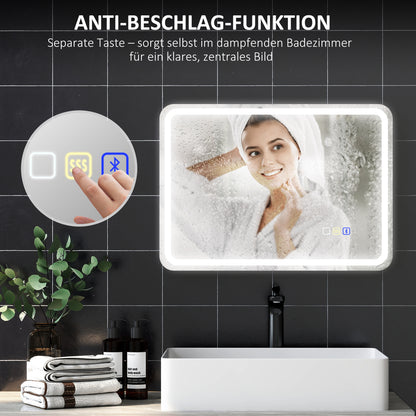 HOMCOM Badezimmerspiegel mit LED-Beleuchtung, Anti-Beschlags-Pad, 3 verstellbare Farben, Silberfarben