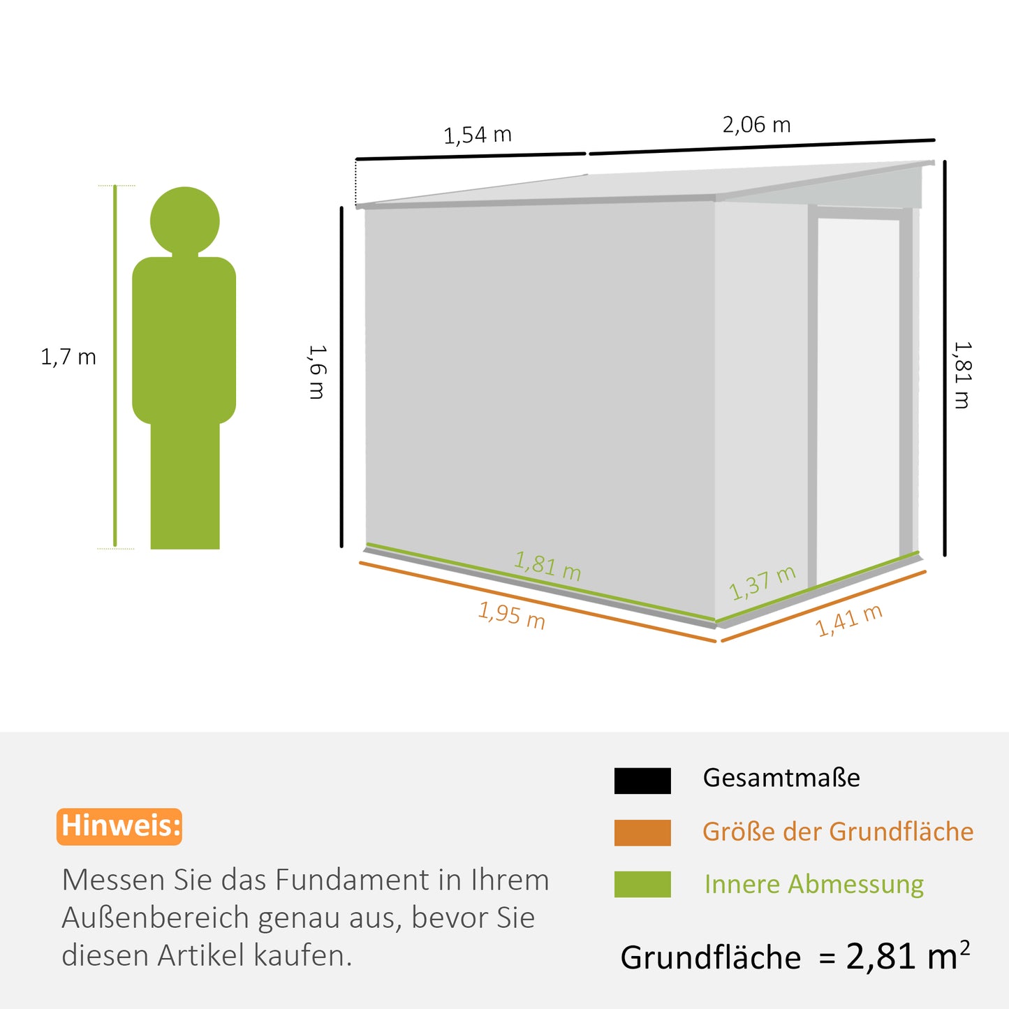 Outsunny Metall Gerätehaus 2,81m² 154x206,5x181 cm Geräteschuppen mit Pultdach Fundament