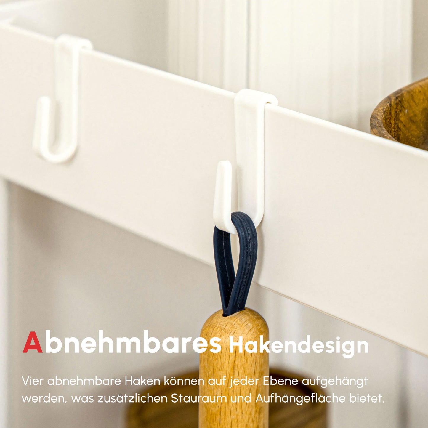 HOMCOM Küchenwagen mit 4 Regalen, 4 flexiblen Haken, 4 Rollen, 40 cm x 19 cm x 90 cm, Nischenwagen, Weiß