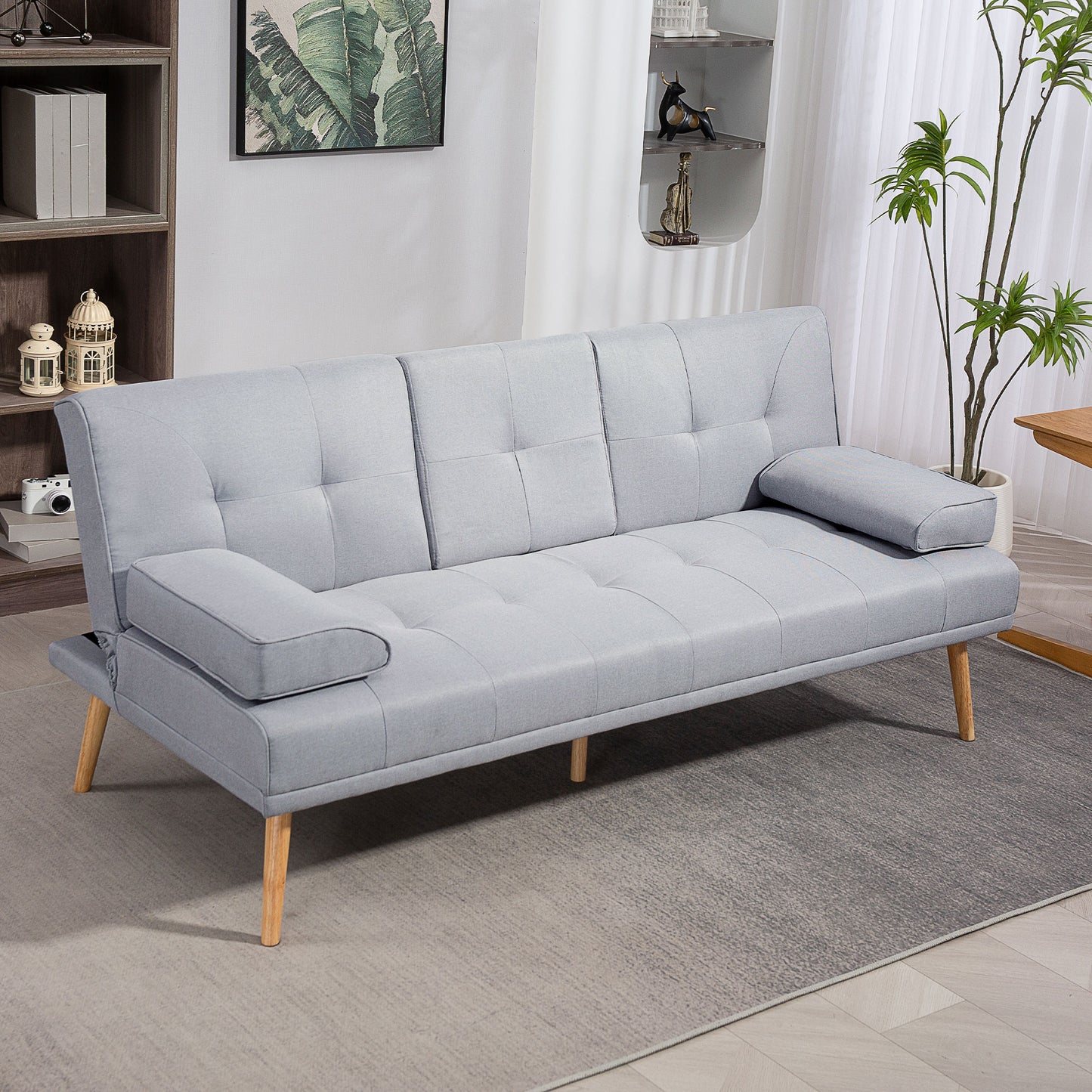 HOMCOM Schlafsofa, 3-Sitzer-Sofa, Bettsofa mit Klappbarem Tisch, Stoffsofa mit Leinenoptik, Schlafcouch mit Becherhalter, im Skandi-Design, bis 250 kg Belastbar, Hellgrau
