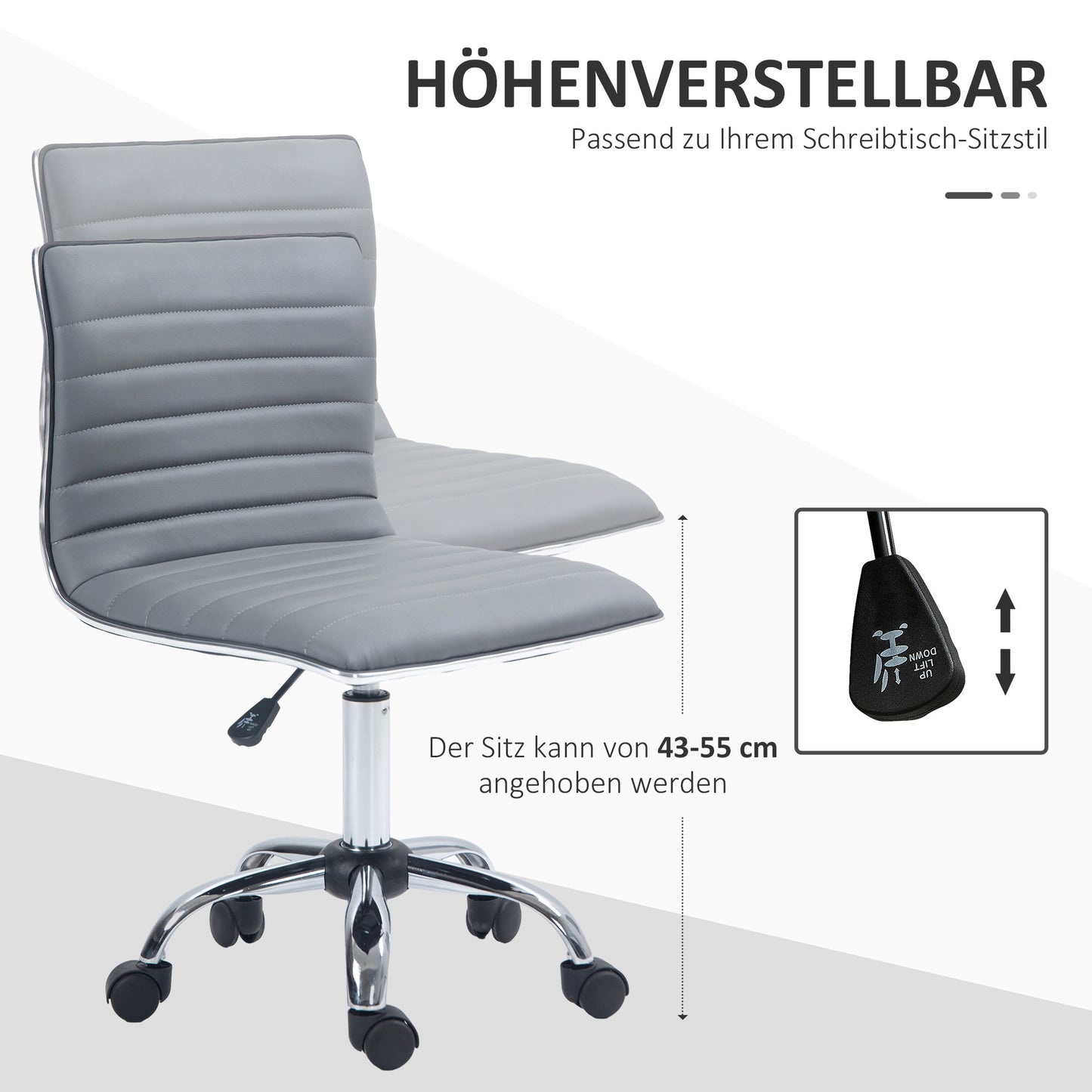 HOMCOM Höhenverstellbarer Salonstuhl mit Rückenlehne, Drehstuhl, Metall, Kunstleder, 48 x 52 x 78-90 cm, Hellgrau