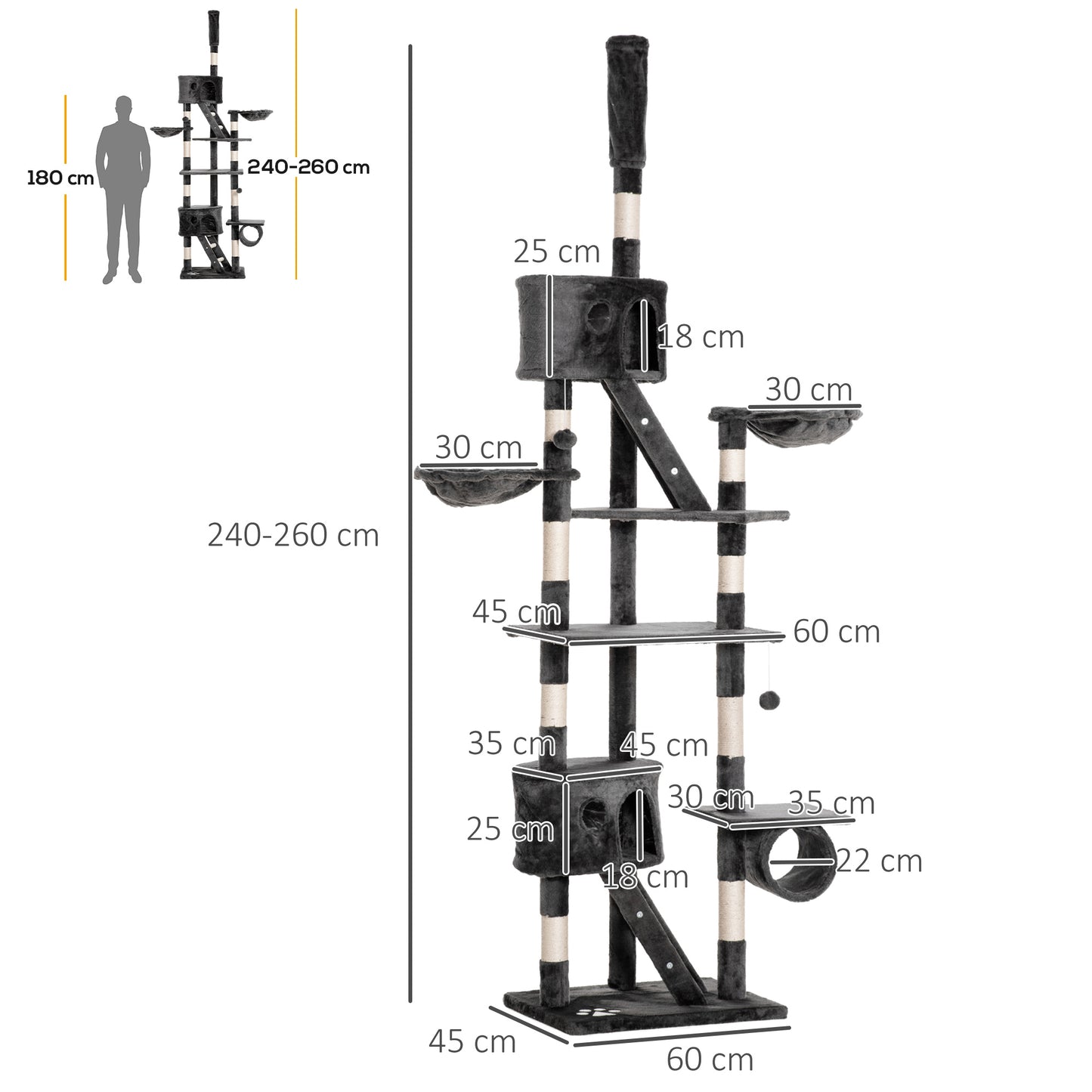 PawHut Kratzbaum deckenhoch Höhe 240-260 cm Katzenbaum mit Plüschbälle, Katzenhöhle, Hängematte, Sisalstämme, Plattformen mehrstöckiger Katzenkratzbaum Kletterbaum für große Katzen, Dunkelgrau