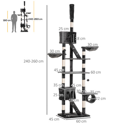 PawHut Kratzbaum deckenhoch Höhe 240-260 cm Katzenbaum mit Plüschbälle, Katzenhöhle, Hängematte, Sisalstämme, Plattformen mehrstöckiger Katzenkratzbaum Kletterbaum für große Katzen, Dunkelgrau