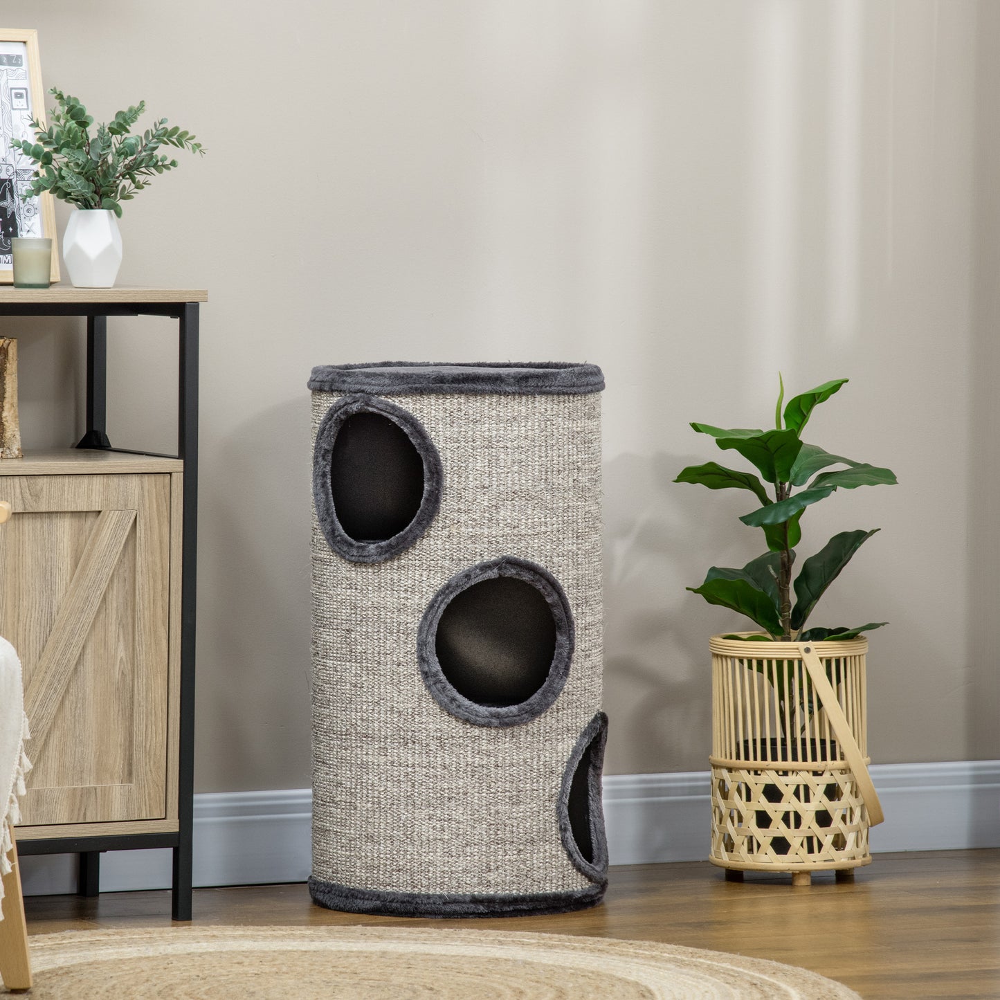 PawHut Kratztonne mit 3 Ebenen, inkl. Kratzfläche aus Sisalseil, Kratztonne für Katzen, 38 cm x 38 cm x 70 cm, Grau