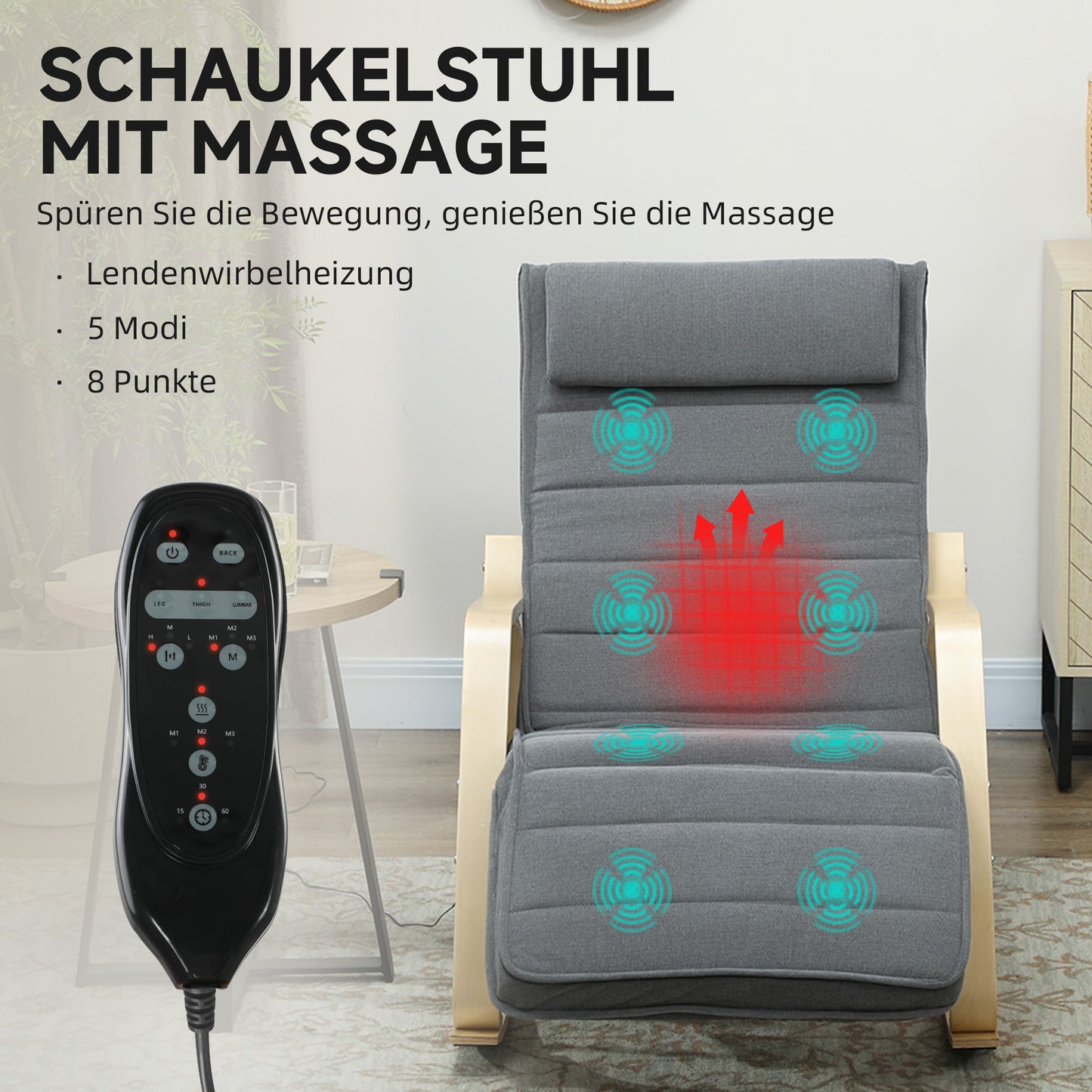 HOMCOM Schaukelstuhl mit Massage-Funktion, Lendenheizung, 3 Modi, Stoffbezug, Grau