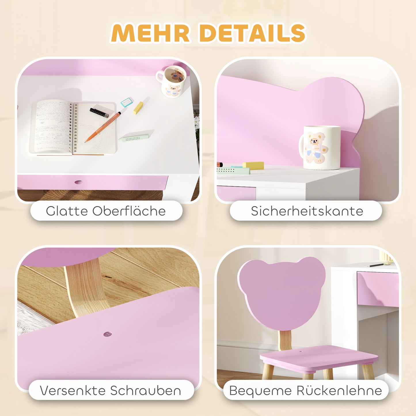AIYAPLAY Schreibtisch-Set für Kinder, Arbeitstisch und Stuhl mit Bärenform, Schublade, zum Schreiben und Basteln, 3-8 Jahre, Rosa