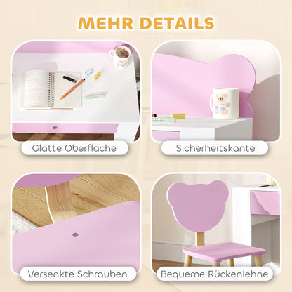 AIYAPLAY Schreibtisch-Set für Kinder, Arbeitstisch und Stuhl mit Bärenform, Schublade, zum Schreiben und Basteln, 3-8 Jahre, Rosa