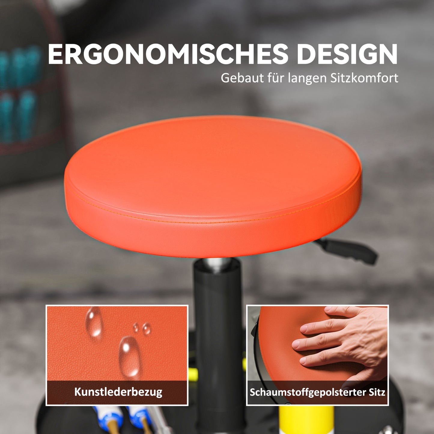 HOMCOM Werkstatthocker mit Rollen Ablagefläche höhenverstellbar 38-50cm bis 135 kg belastbar Orange