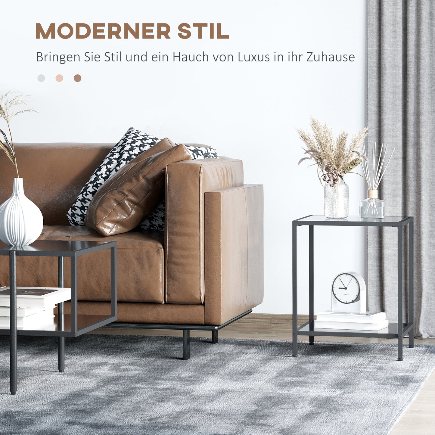 HOMCOM Beistelltisch mit gehärteten Glasplatten, 2 Ebenen, klassisches Design mit Metallstruktur, Schwarz