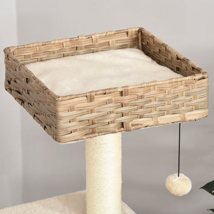 PawHut Rattan Katzenbaum Kratzbaum Kätzchen Möbel mit Katzenhöhle Ballspielzeug Sisal weiche Plüsch PE Höhe 108 cm Braun+Beige