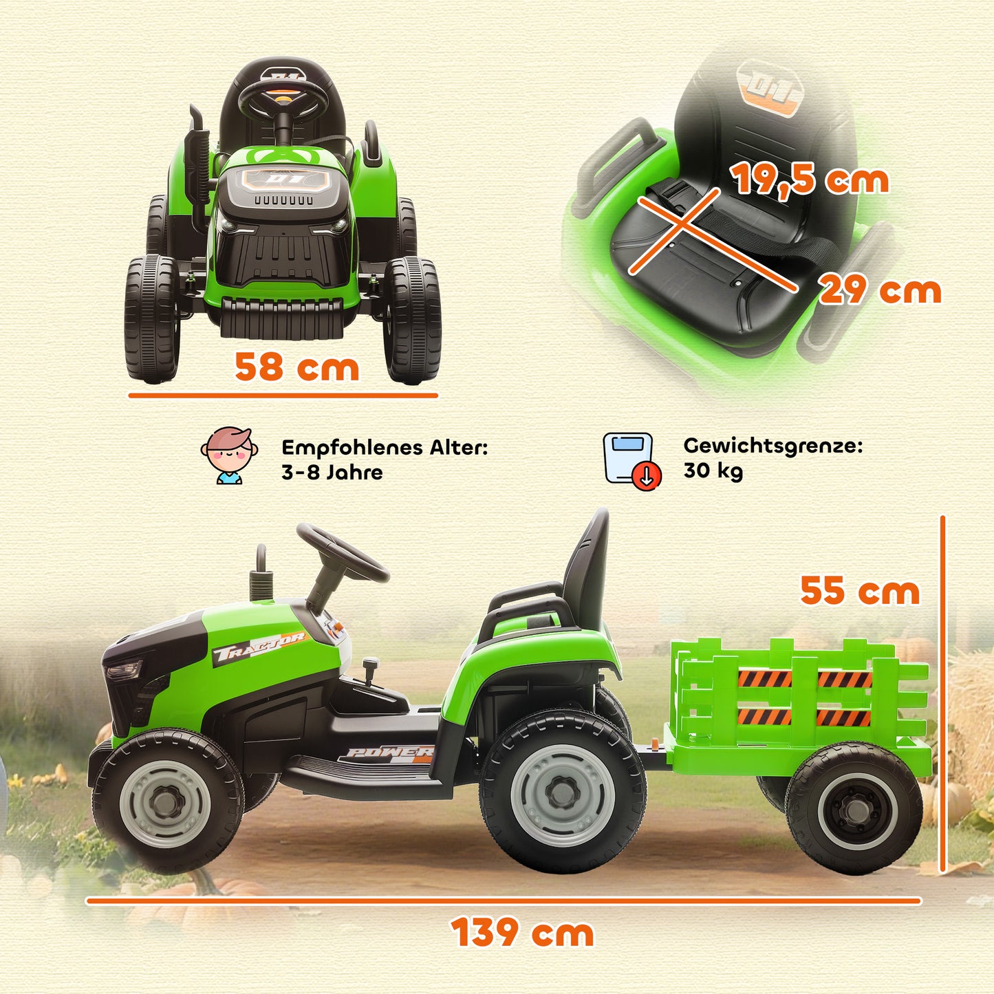 AIYAPLAY Elektrischer Kindertraktor, Aufsitz-Traktor mit Fernbedienung, Soft-Start, für Kinder im Alter von 3-8 Jahren, Grün