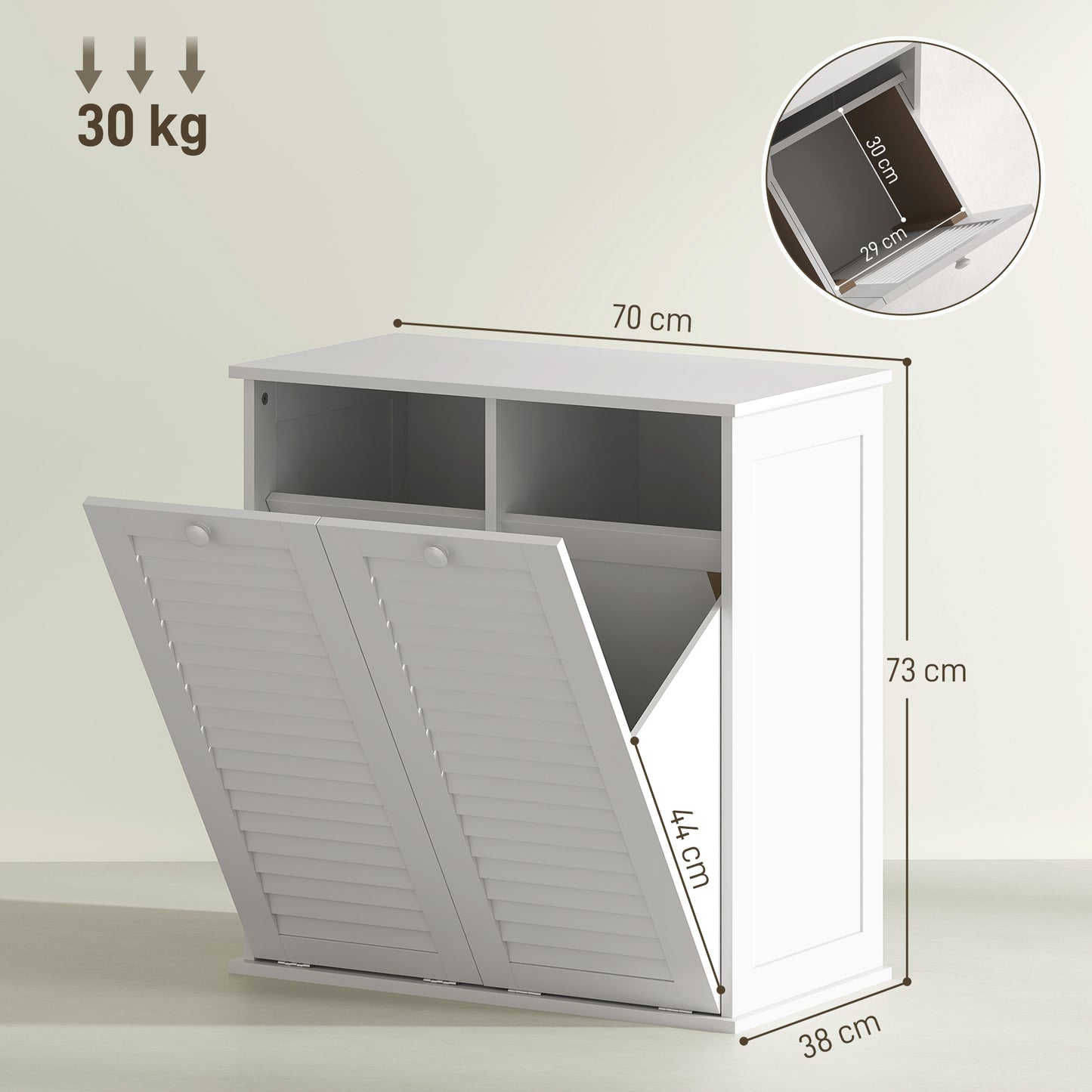 HOMCOM Wäscheschrank, 2 Kippbehälter für Wäsche, 2 Lamellentüren, 70 x 38 x 73 cm, Weiß