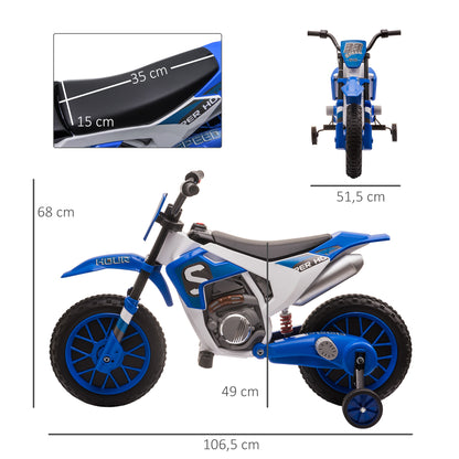 HOMCOM Kindermotorrad, Elektromotorrad, 45 Min Fahrzeit, mit Stützrädern, ab 3 Jahren, blau+weiß, 106,5 x 51,5 x 68cm