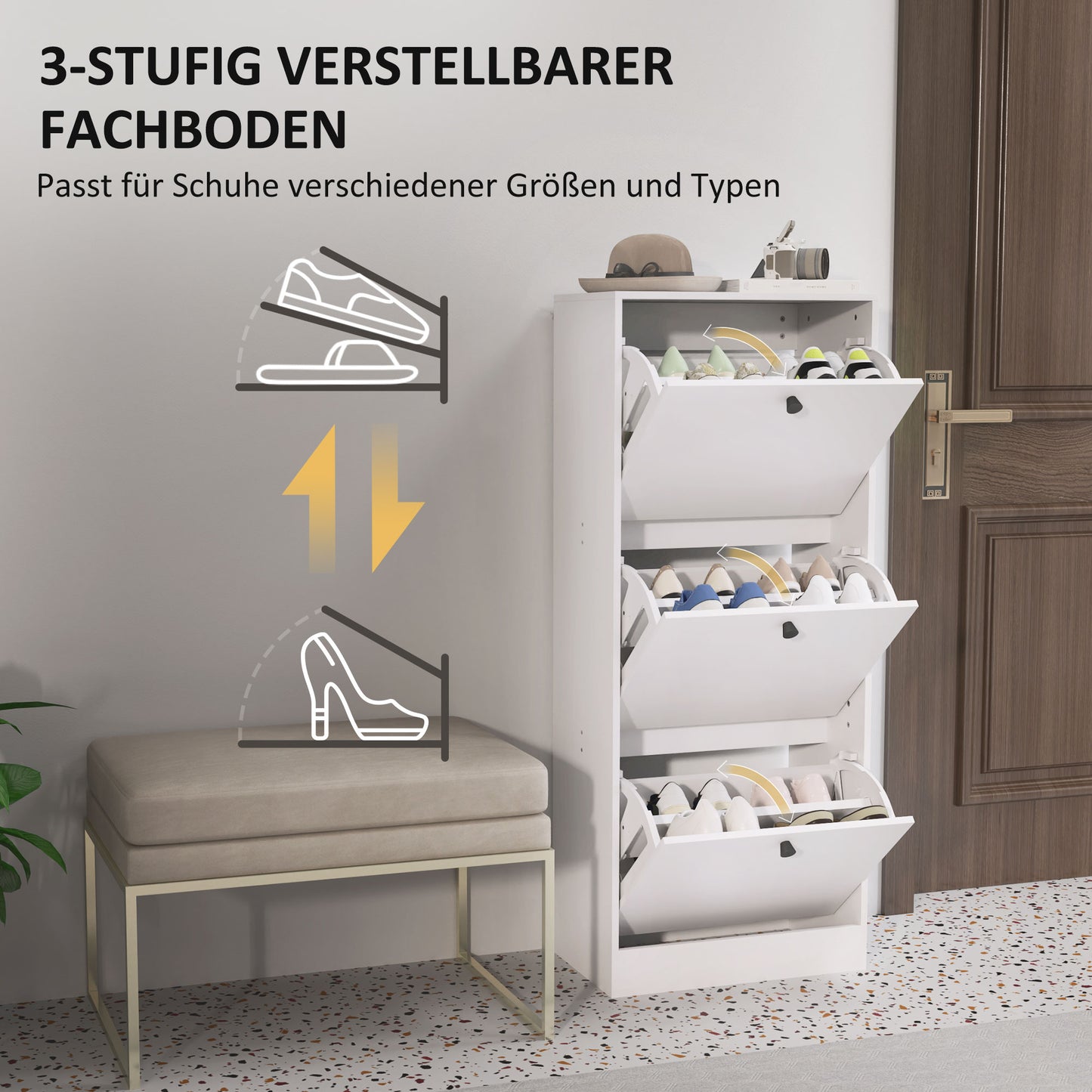 HOMCOM Schuhschrank, Schuhregal, 3 Klappfächer, verstellbar, Spanplatte, Weiß