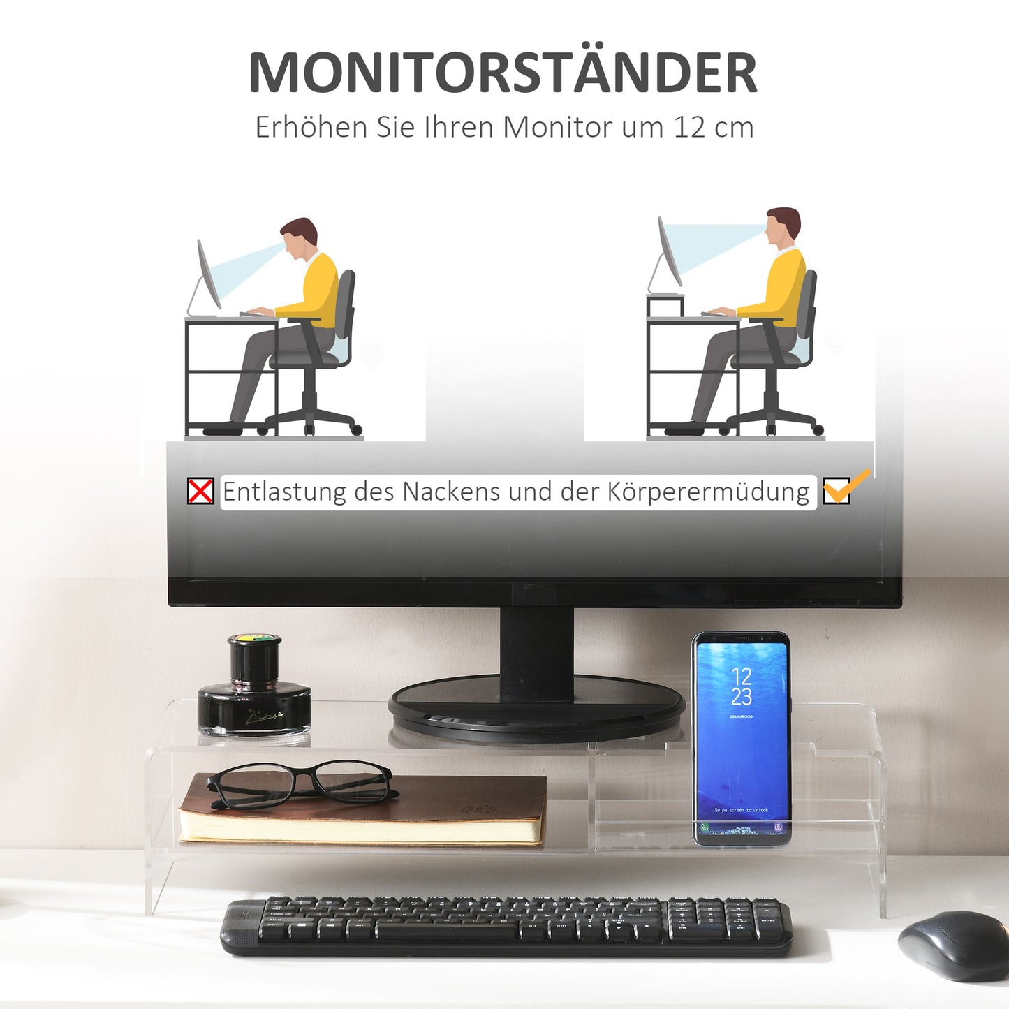 HOMCOM Monitorständer mit Tastaturfach, transparent, für Monitore bis 24 Zoll, 2 Etagen, Acryl, 50,8 x 19 x 12 cm