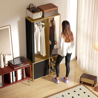 HOMCOM Kleiderschrank mit Spiegel und Hängestange, Aufbewahrungsfächer, offene Ablageflächen, Naturholz, Schwarz