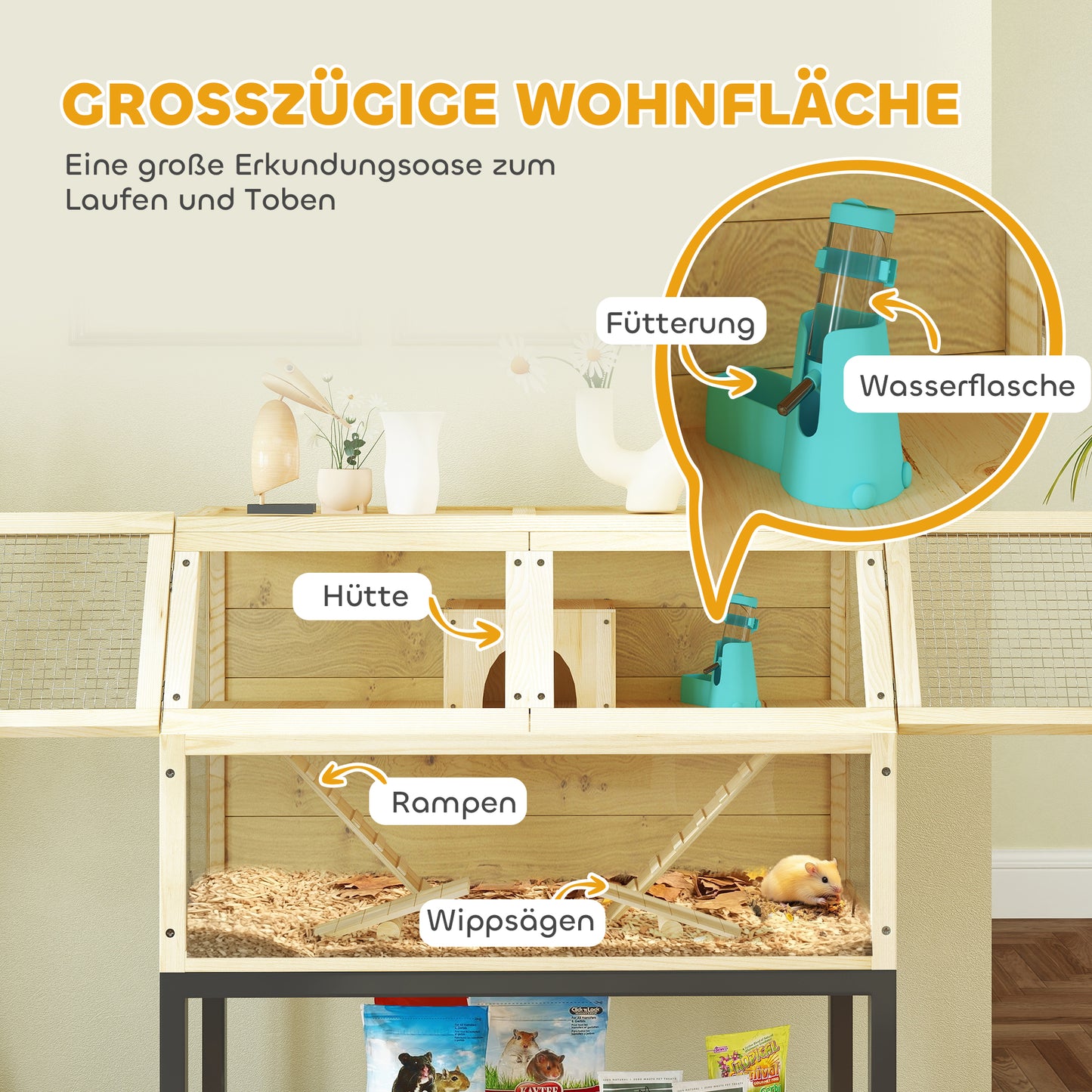 PawHut Zwerghamsterkäfig aus Holz mit Ablagefach, Rädern, Rampen, Wasserflasche, Hütte, Wippen, 87 x 43 x 101cm