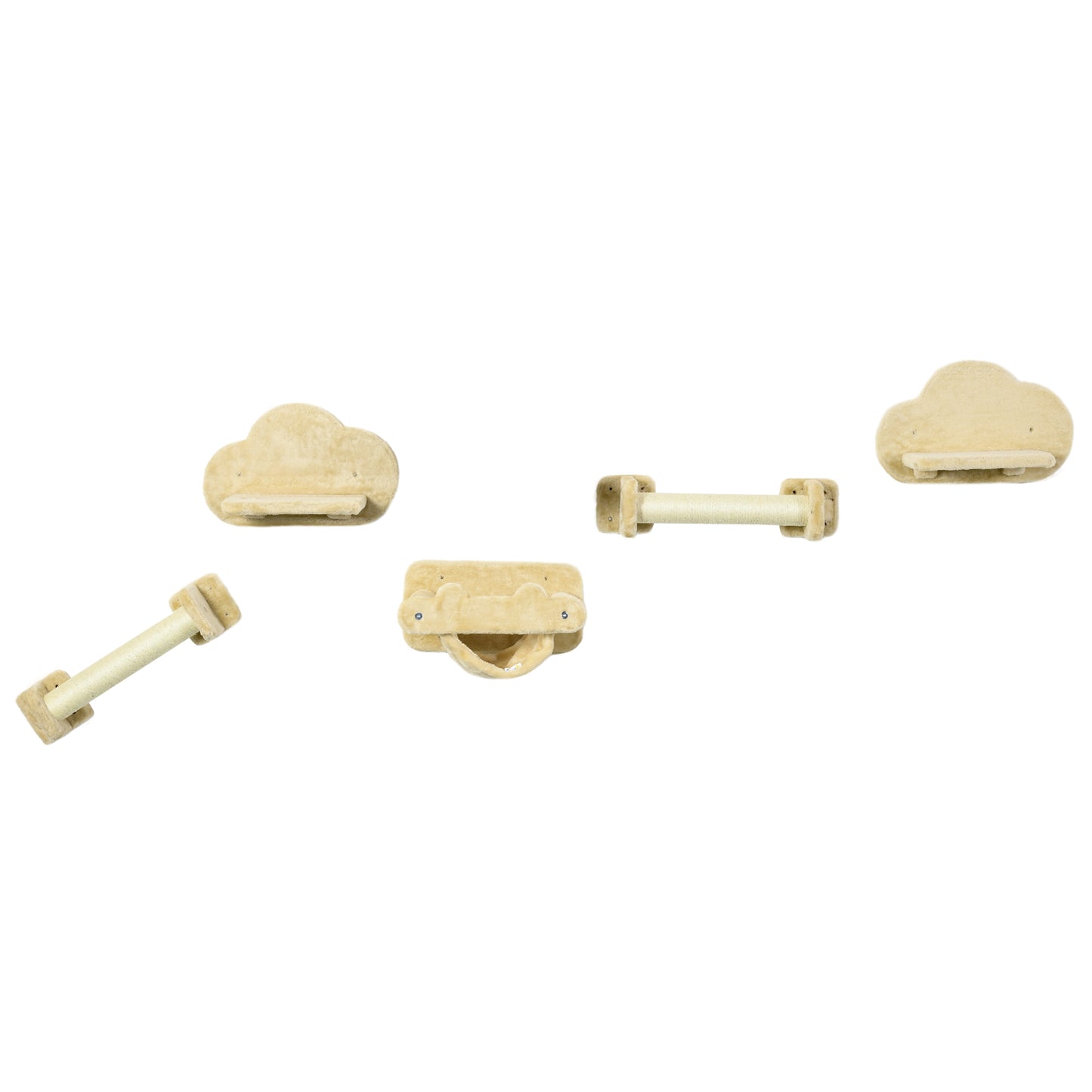 PawHut Katzentreppe, 5-teiliges Set, 2 Kratzstämme, 2 Plattformen mit Plüschbezug, Hängematte, beige