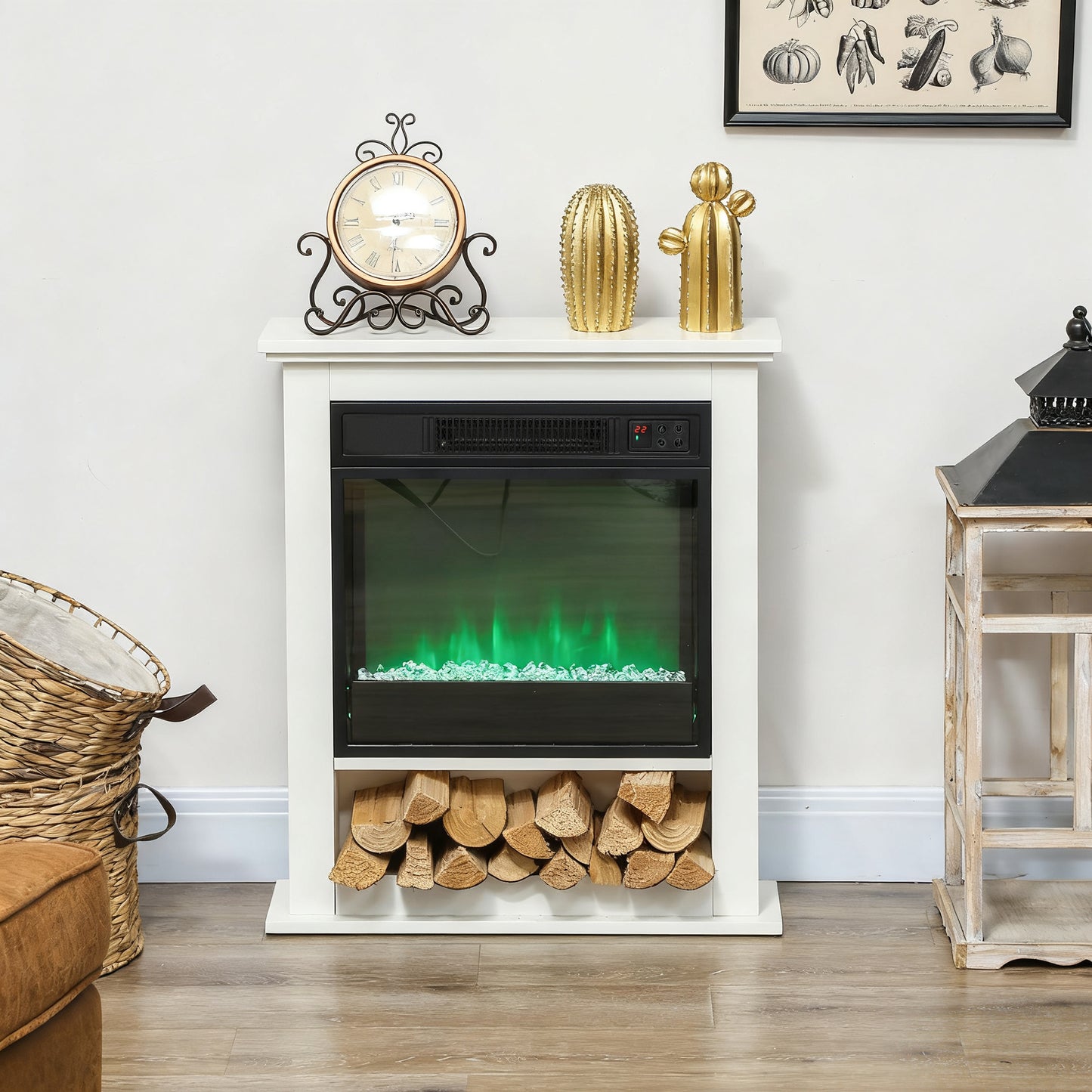 HOMCOM Elektrischer Kamin, realistische Flammen mit 9 Farben, verstellbare Helligkeit, 1800W, Fernbedienung, Timer, Weiß