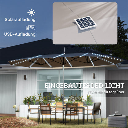 Outsunny Doppelschirm mit Solar-Lichtern, Aluminium, Polyester, UPF50+ Schutz, UV-beständig, Terrassenschirm, Dunkelgrau