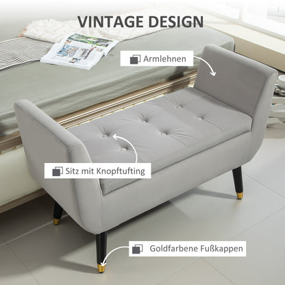 HOMCOM Sitzbank mit Stauraum und Armlehnen, Truhenbank, samtartiges Polyester, Kautschukholz, Hellgrau, 107 x 42 x 65 cm