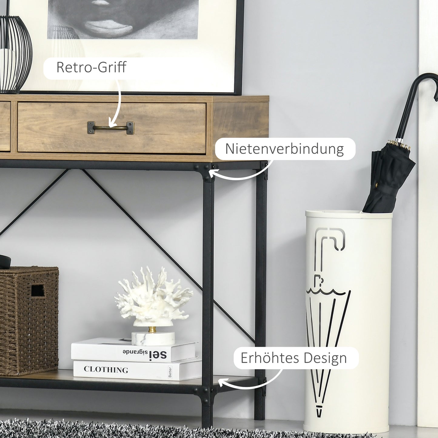 HOMCOM Konsolentisch Flurtisch mit Ablage und 2 Schubladen, 100 x 35 x 76,5 cm Beistelltisch Sofatisch Ausstellungstisch für Kleinen Raum, Eingang, Flur, Wohnzimmer Braun+Schwarz