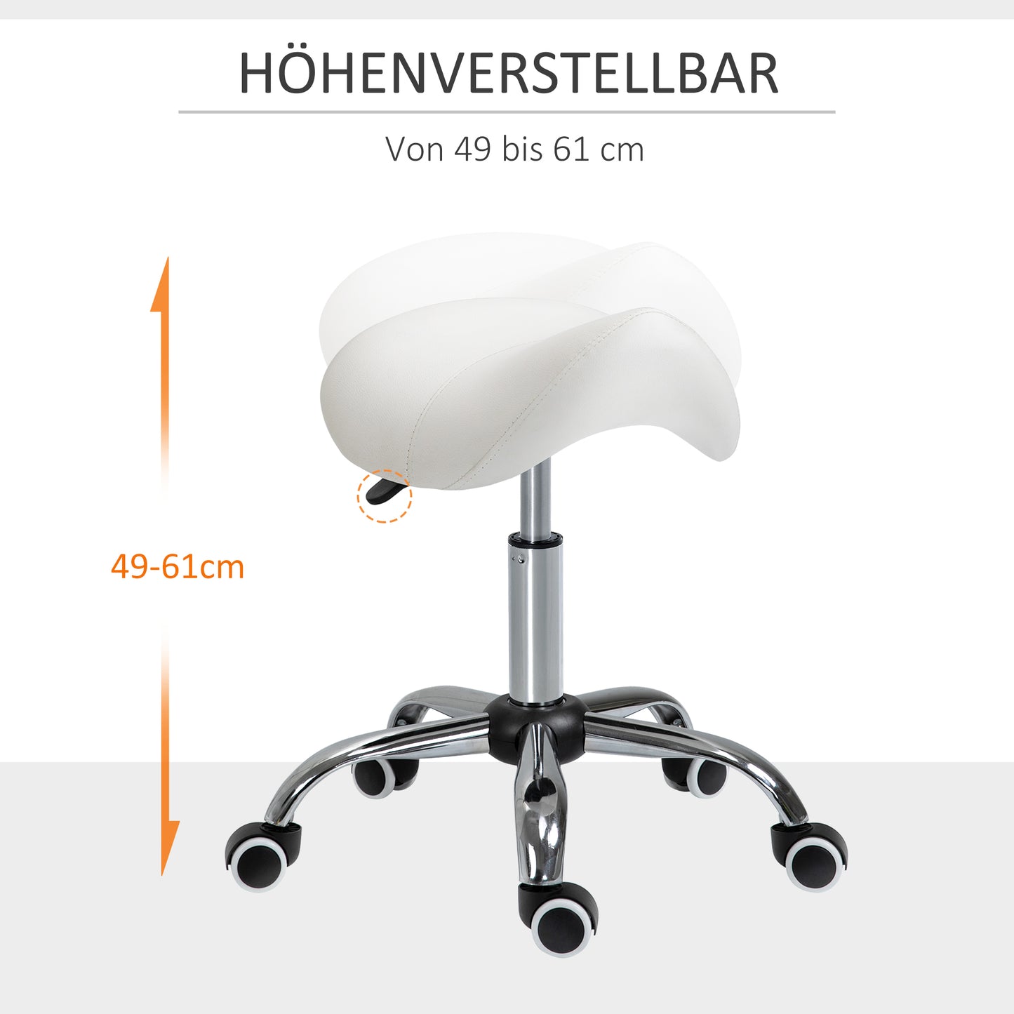 HOMCOM Rollhocker höhenverstellbar Drehhocker 49-61 cm Arbeitshocker drehbar Sattelhocker für Büro Salon Massage Spa Weiß