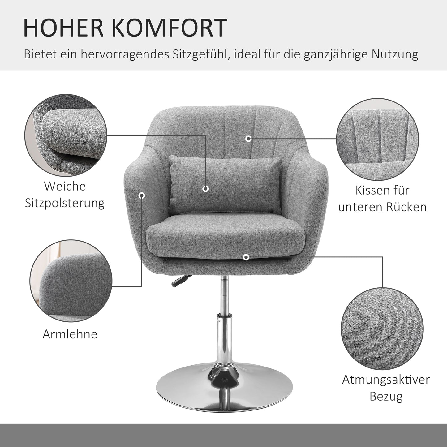 HOMCOM Arbeitshocker Drehhocker bis 136 kg, höhenverstellbar, leinenartiges Polyester, Stahl, Grau, 60 x 60 x 79-91 cm
