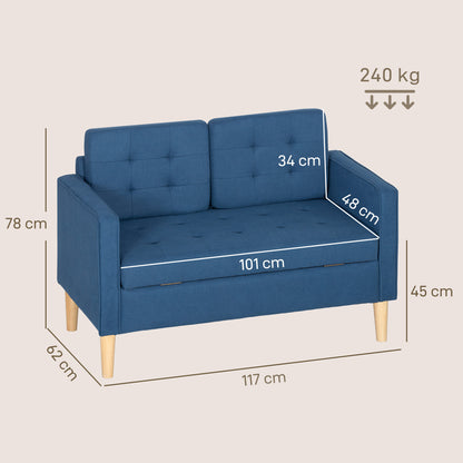 HOMCOM Zweisitzer-Sofa mit Stauraum, Knopfheftung, Kissen, Kautschukbaumholz, 117x62x78cm, Blau