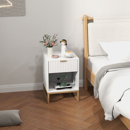 HOMCOM Nachttisch mit Schublade und Regal, Stauraum und Metallbeinen, für Schlafzimmer, Wohnzimmer, Weiß