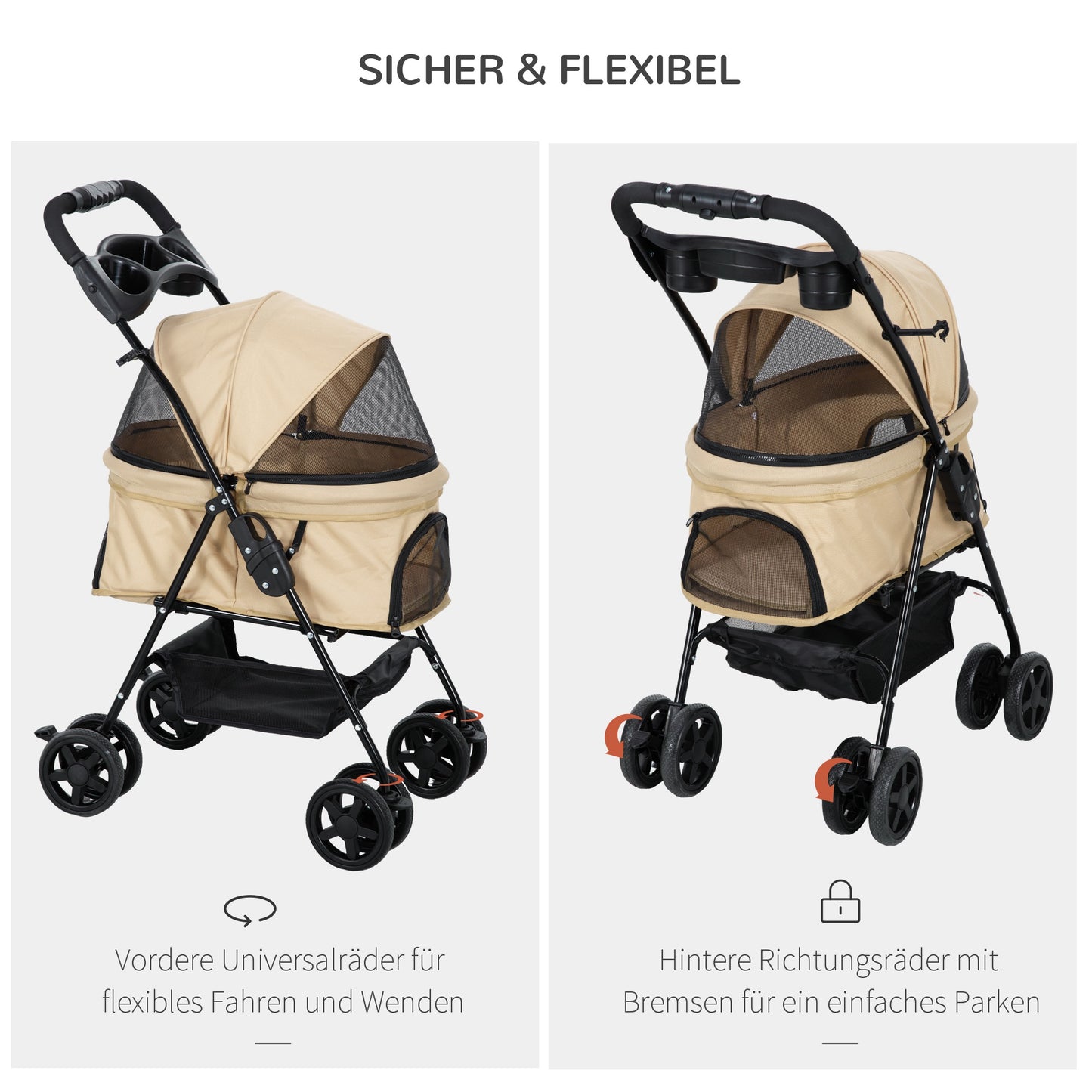 PawHut Hundewagen Hundebuggy, klappbar, 2 Sicherheitsleinen, 2 Becherhalter, 67 x 45 x 96 cm, Khaki