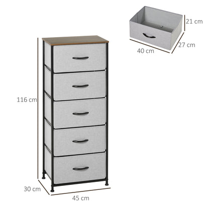 HOMCOM Kommode mit 5 Schubladen aus Stoff Aufbewahrungsschrank mit Griffen 45 x 30 x 116 cm Grau