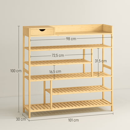 HOMCOM Schuhregal, Schuhständer mit 6 Ebenen, Schublade aus Bambus, für max. 18 Paar Schuhe, Schuhablage für Eingang, Schlafzimmer, 101 x 30 x 100 cm, Natur