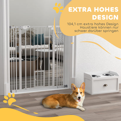PawHut Hunde-Absperrgitter, dubbel Verriegelung, selbstschließende Tür, 104 cm hoch, Stahl, Weiß
